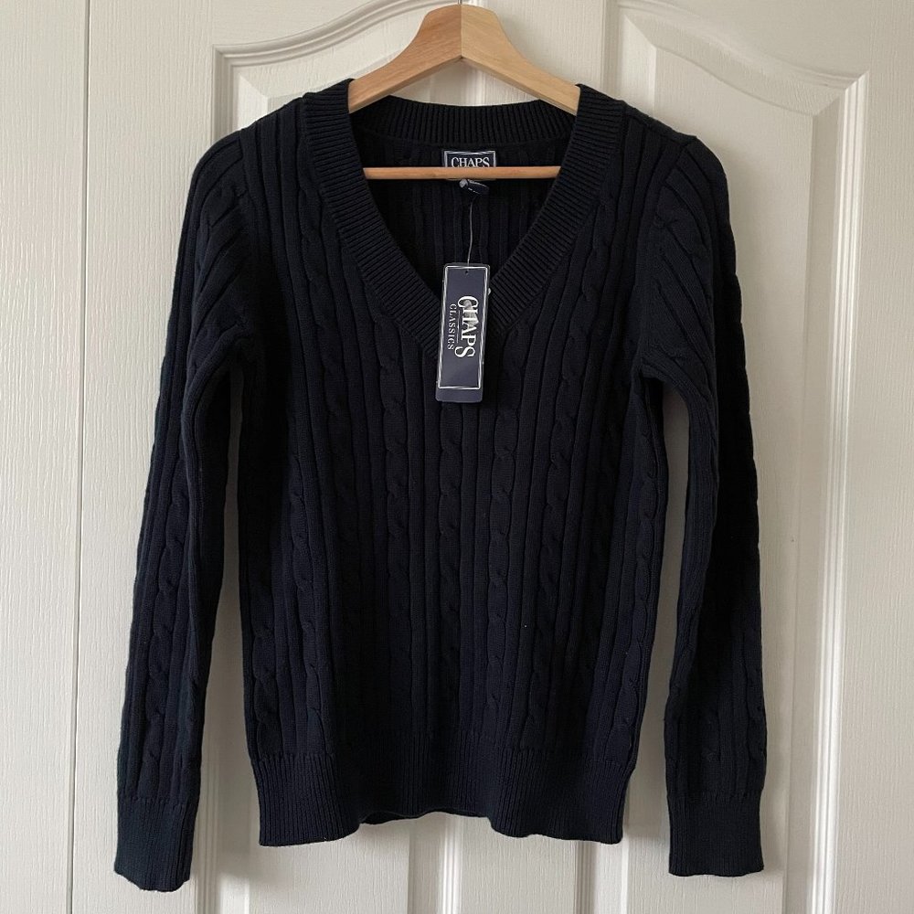 NWT Chaps Cable Knit Hot Navy Long Sleeve V-Neck Sweater Size S